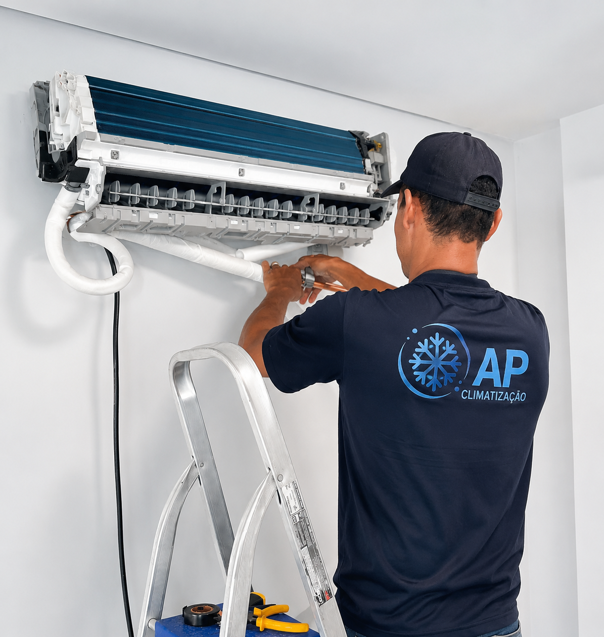 Técnico AP Climatização realizando instalação de ar-condicionado em BH